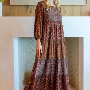 Natural Life Bohemian Long Sleeve   Maxi Dress in Brown-Med-NWT